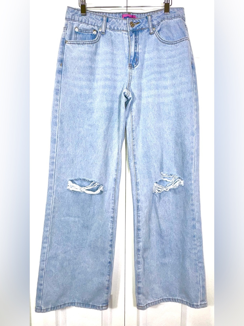 Edikted Debbie Distressed Low Rise Baggy Wide Leg Jeans Light Blue Size M NWT